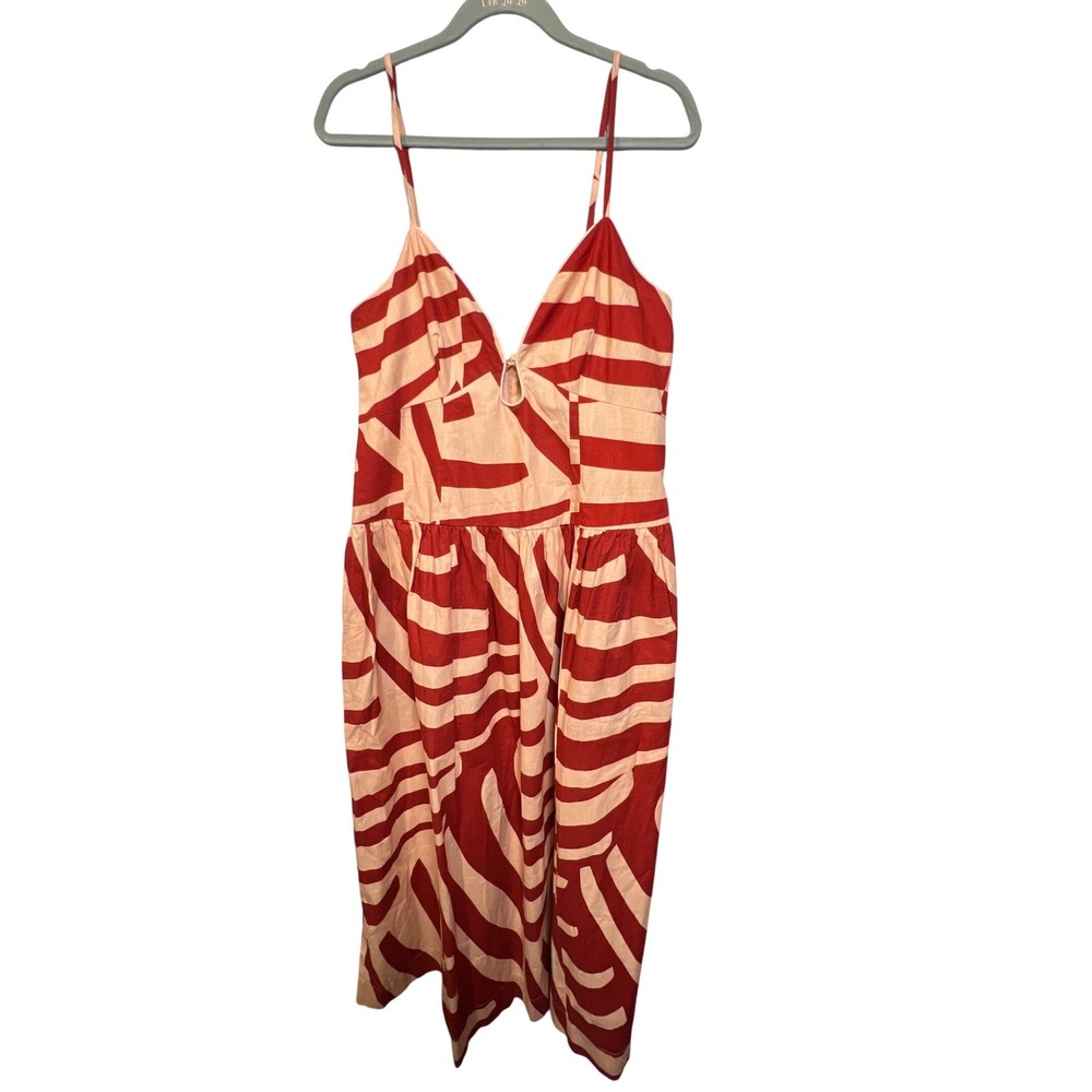 Anthropologie Mon Renn Red Peach Abstract Stripe Cotton Midi Dress Pockets L